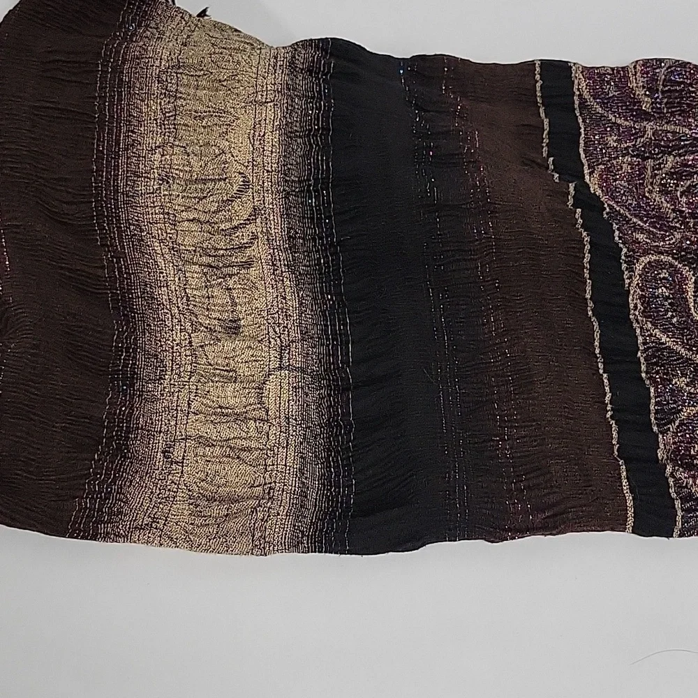 Brown Black Tan Sparkle Paisley Like Print Women's Scarf with Black Fringe